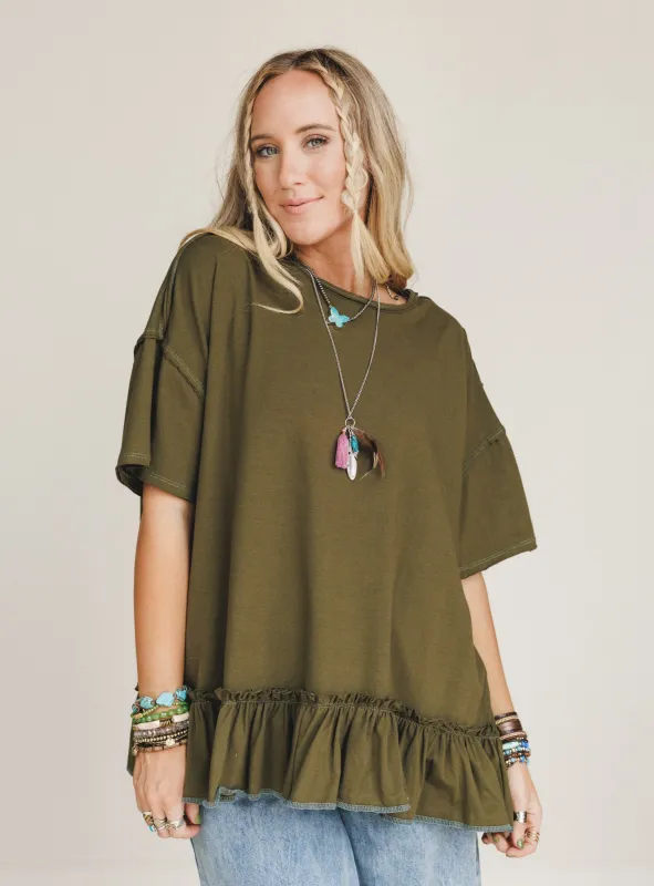 The Nest Mariah Ruffle Tee - Olive sold by Three Bird Nest