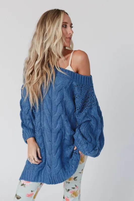 Golden Hour Bubble Sleeve Sweater Dress - Blue sold by Three Bird Nest