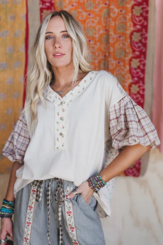 Wild Chamomile Bubble Sleeve Top - Natural sold by Three Bird Nest