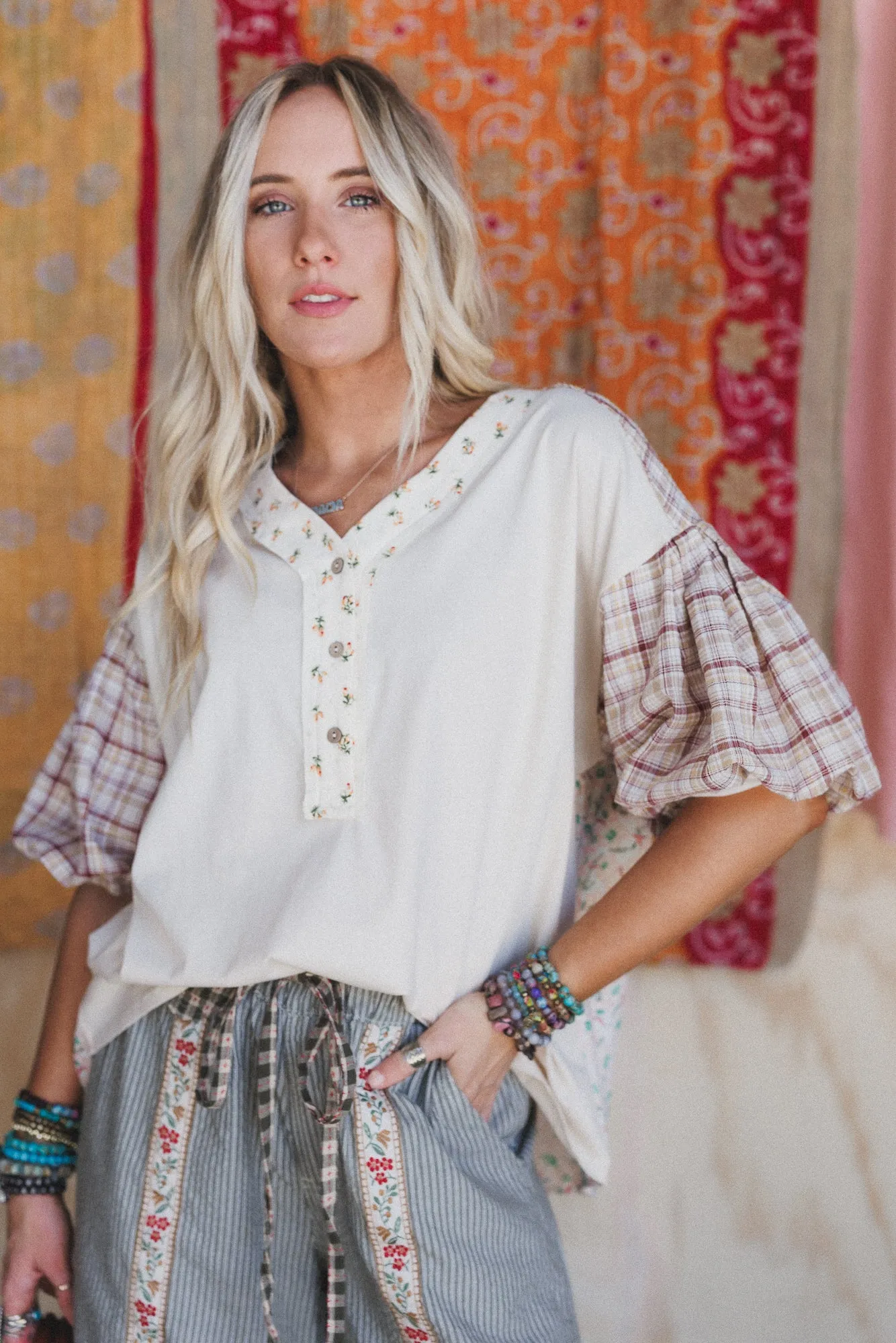 Wild Chamomile Bubble Sleeve Top - Natural sold by Three Bird Nest