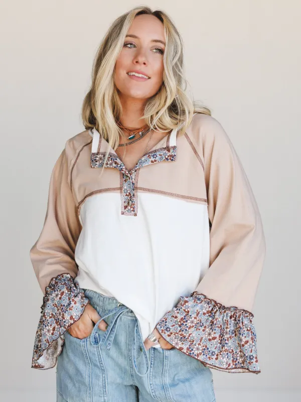 The Nest Honey Bloom Top - Taupe Off White sold by Three Bird Nest