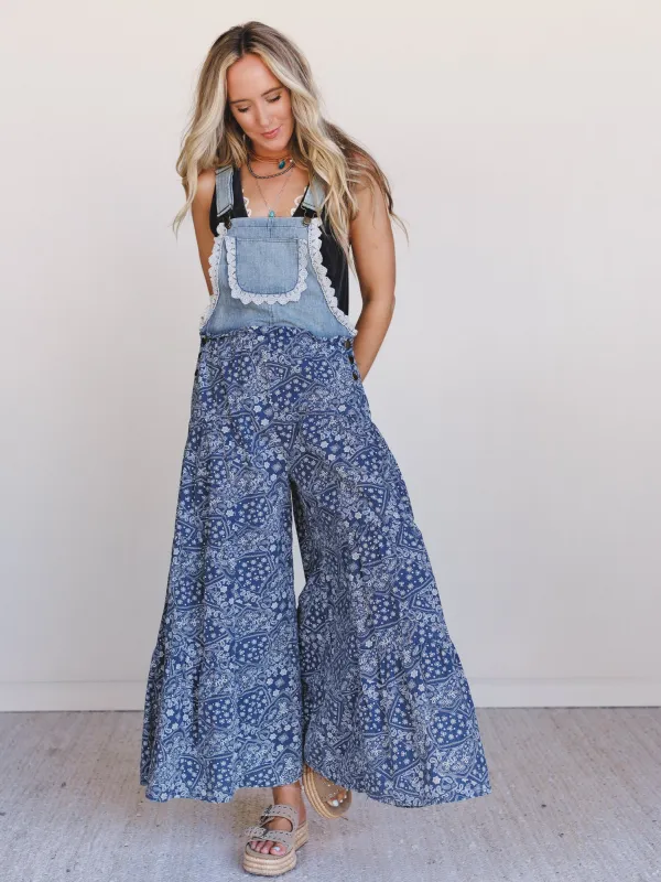 Sunset Paisley Tiered Overalls - Denim sold by Three Bird Nest