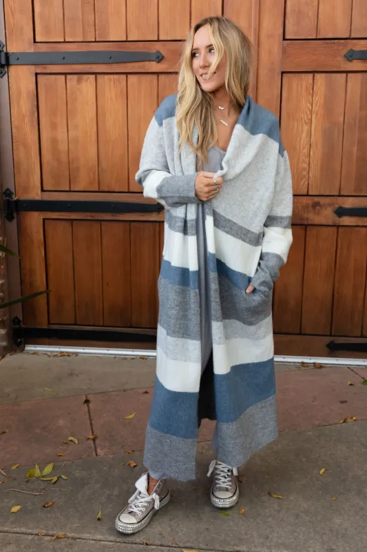 The Nest So Cozy Oversized Striped Knit Duster - Blue Multi sold by Three Bird Nest