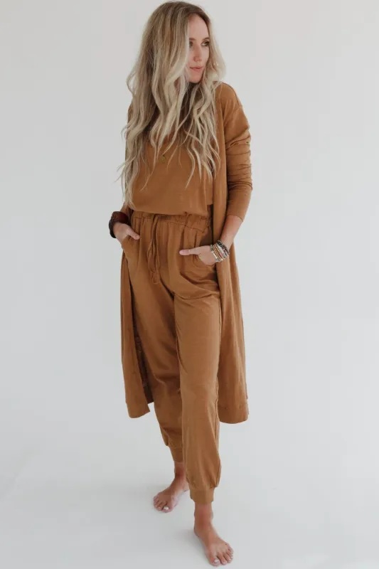 Set to Go Textured Jumpsuit And Cardigan Set - Camel sold by Three Bird Nest