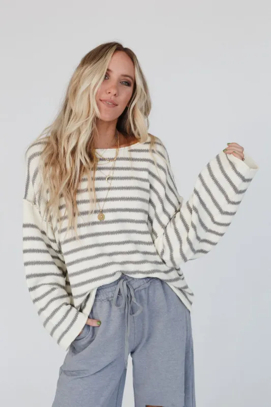 All My Stripes Oversized Sweater - Ivory Gray sold by Three Bird Nest
