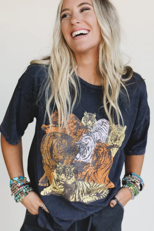 On The Prowl Distressed Graphic Tee - Charcoal sold by Three Bird Nest