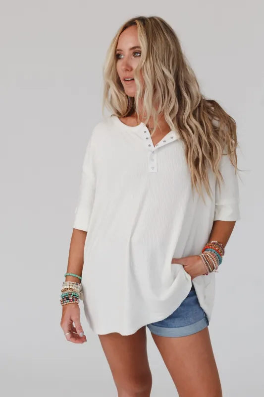 The Nest Leila Ribbed Henley Top - Ivory sold by Three Bird Nest