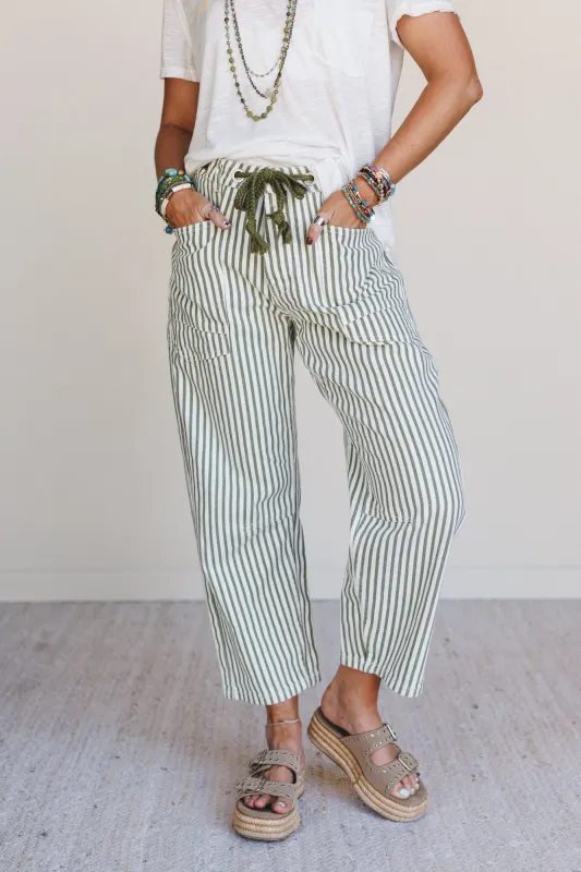 Elevated Eyelet Barrel Jeans - Olive Stripe sold by Three Bird Nest