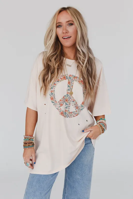 Jude Oversized Peace Sign Graphic Tee - Oatmeal made by easel