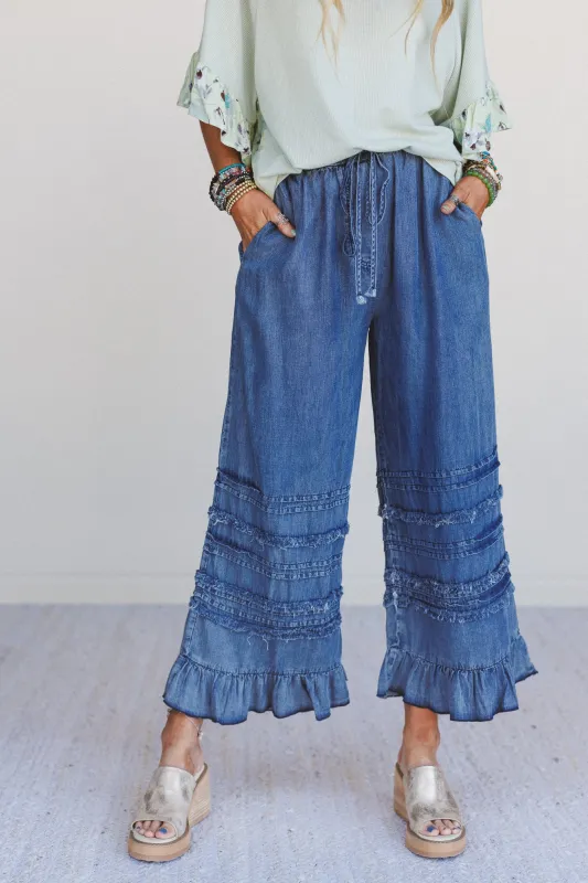 Endless Journey Ruffled Hem Pants - Blue sold by Three Bird Nest