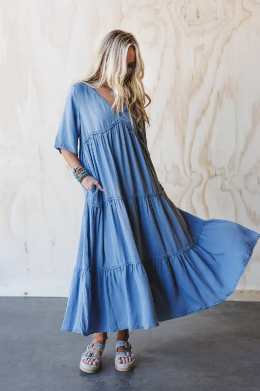 Fiona Tiered Maxi Dress - Light Denim sold by Three Bird Nest
