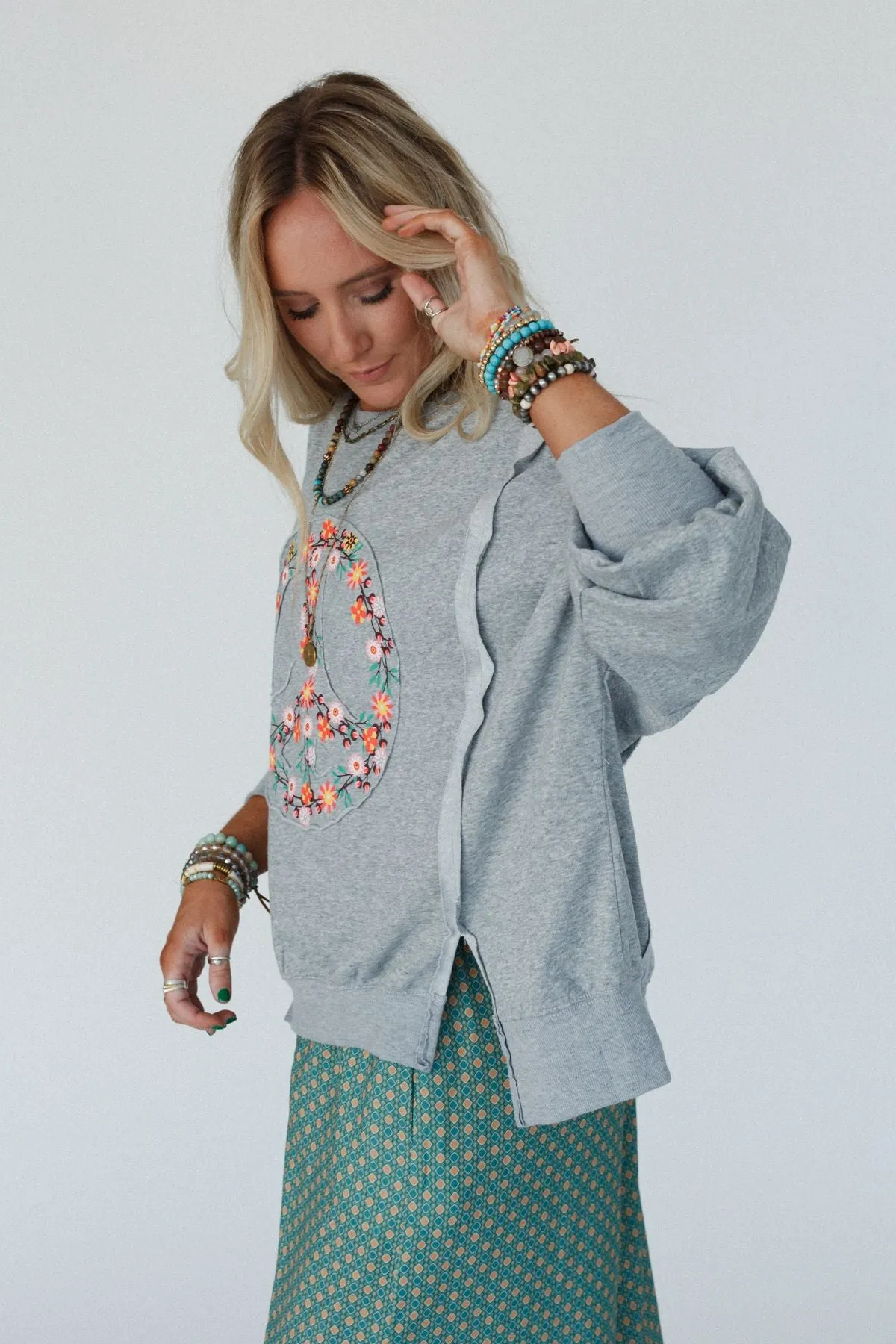 Ford Floral Peace Patch Top - Heather Gray sold by Three Bird Nest product image thumbnail 4