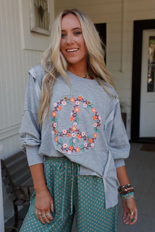 Ford Floral Peace Patch Top - Heather Gray sold by Three Bird Nest