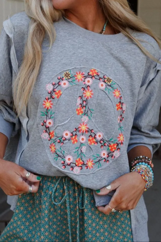 Ford Floral Peace Patch Top - Heather Gray sold by Three Bird Nest product image thumbnail 3