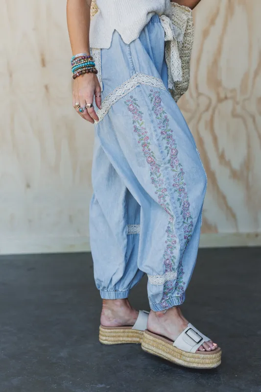 Floral Drift Embroidered Pants - Light Denim sold by Three Bird Nest