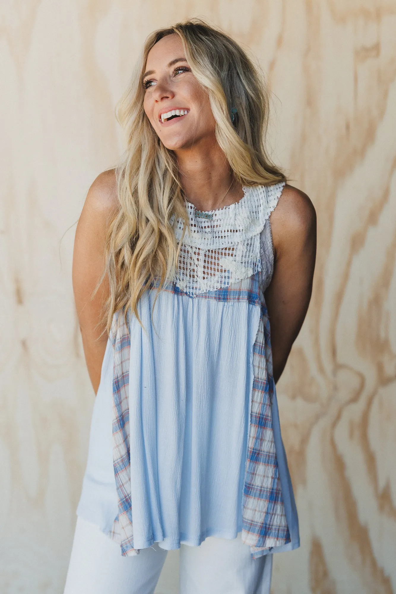 Plaid Meadow Mix Print Top - Blue sold by Three Bird Nest