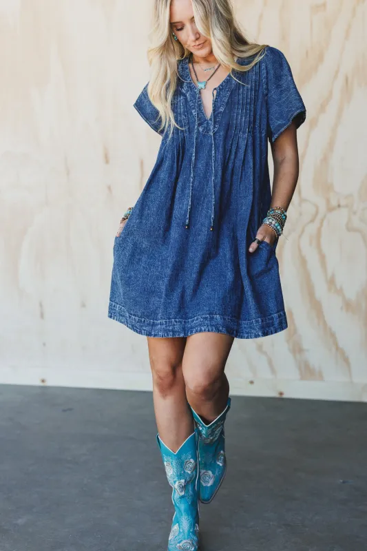 Getaway Pleated Denim Dress - Washed Denim sold by Three Bird Nest