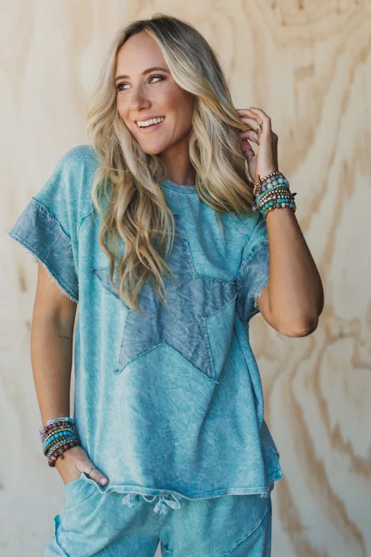 Skybound Soul Denim Patched Top - Cyan sold by Three Bird Nest