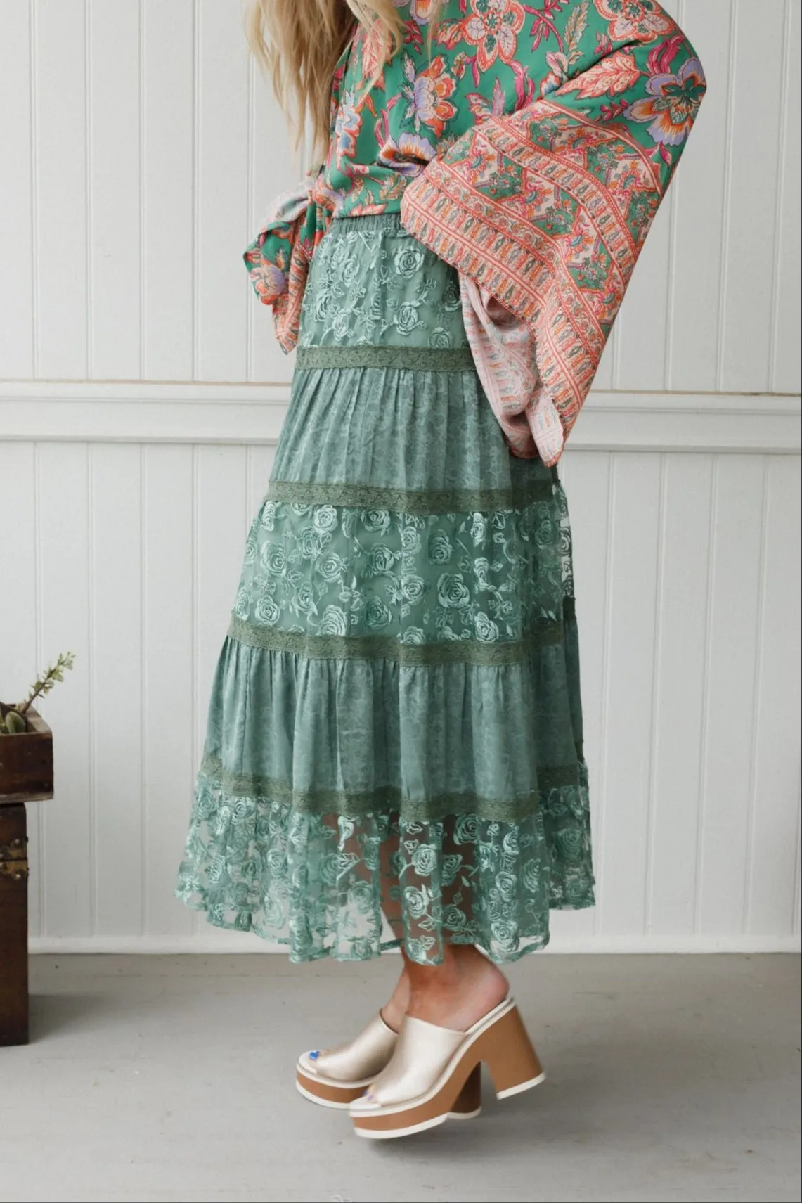 Lace Horizon Maxi Skirt - Sage sold by Three Bird Nest