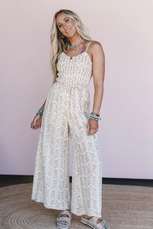 On The Move Floral Print Jumpsuit - Sand sold by Three Bird Nest