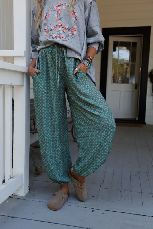 The Nest Mystic Mirage Printed Joggers - Teal sold by Three Bird Nest