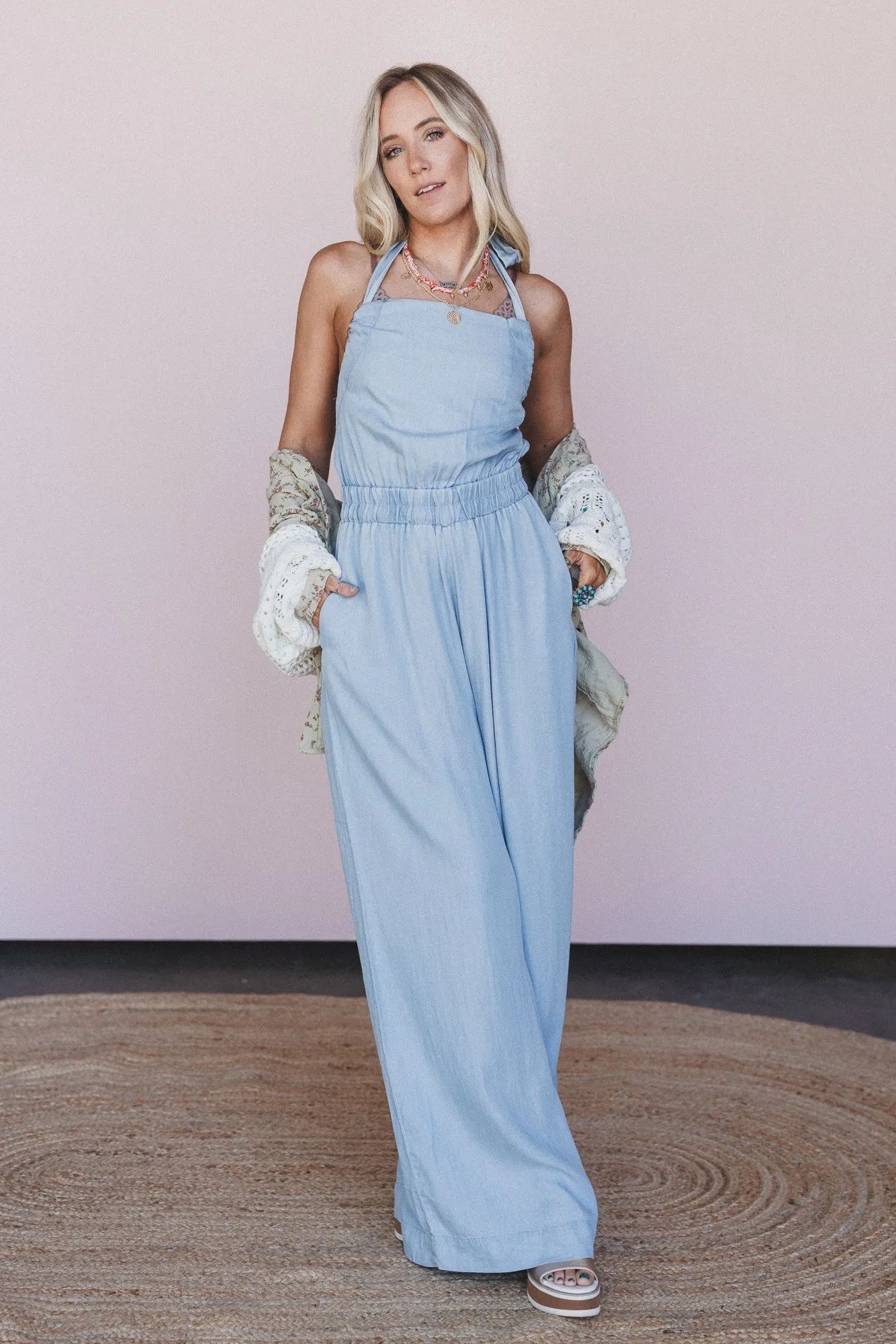 Sundrenched Halter Jumpsuit - Chambray sold by Three Bird Nest