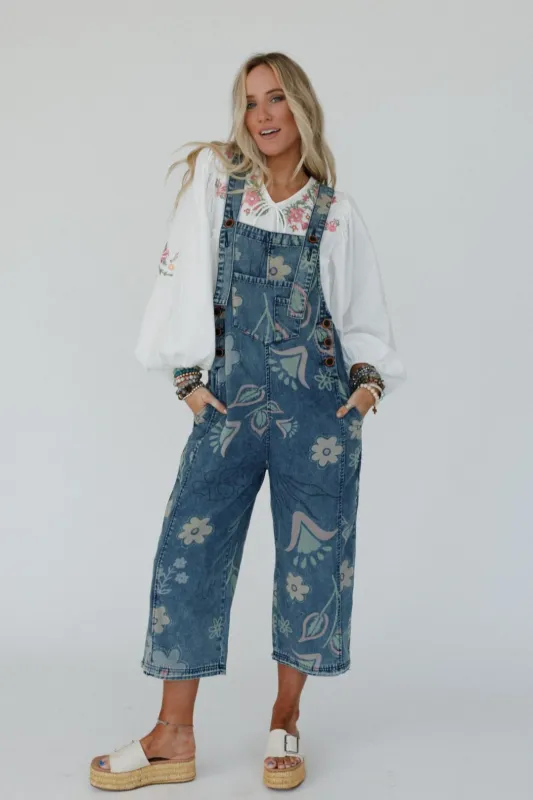 High Hopes Slouchy Pocket Denim Overalls - Blue Artsy Floral sold by Three Bird Nest