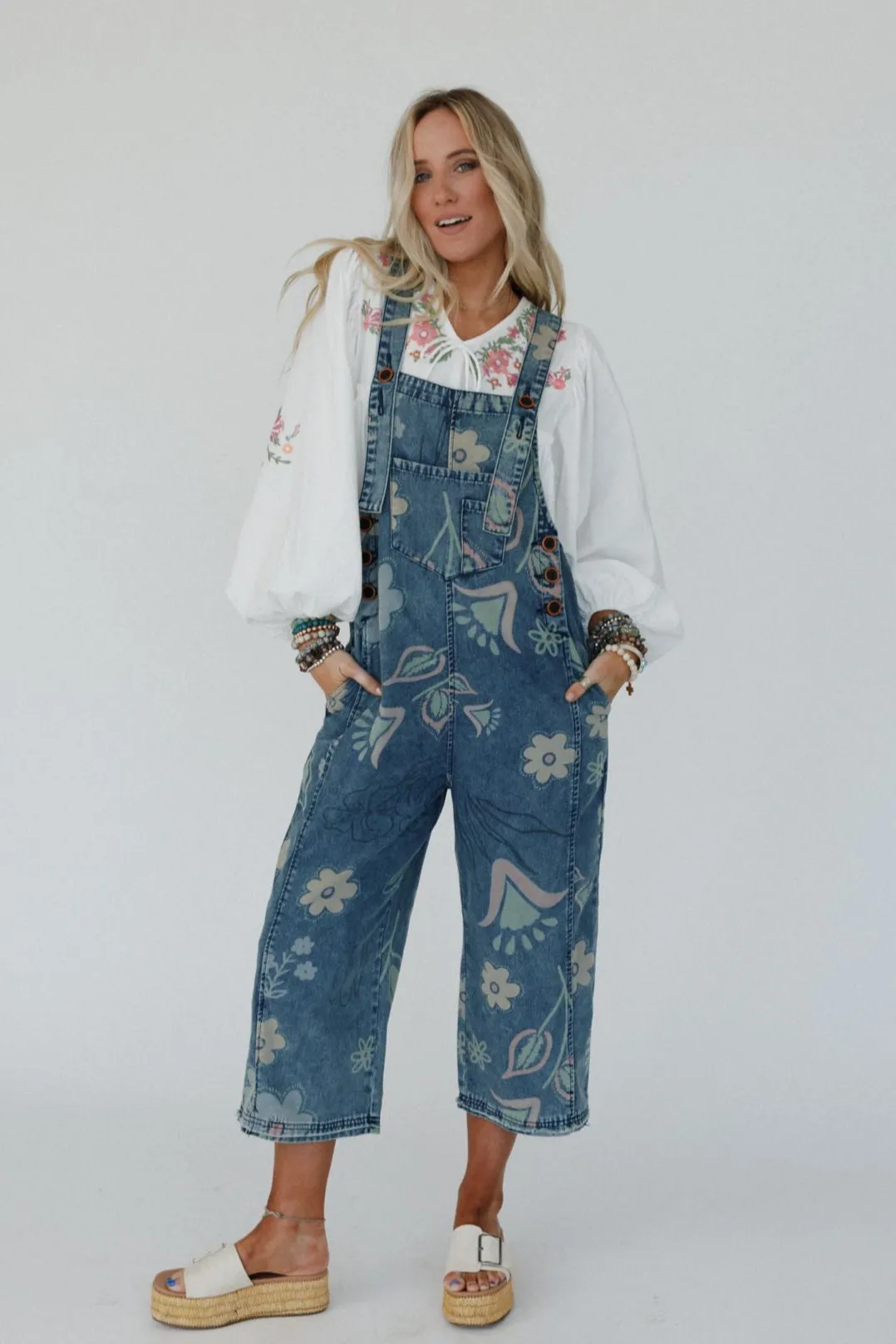 High Hopes Slouchy Pocket Denim Overalls - Blue Artsy Floral sold by Three Bird Nest