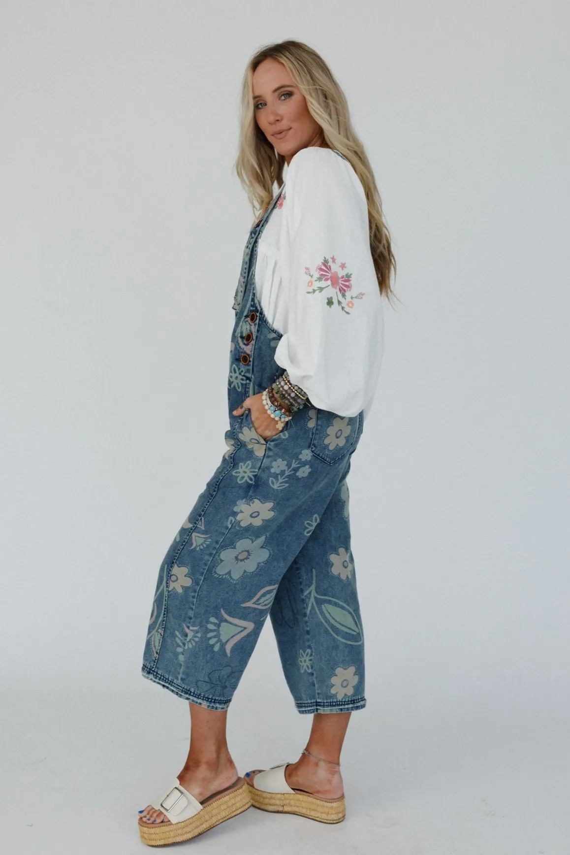 High Hopes Slouchy Pocket Denim Overalls - Blue Artsy Floral sold by Three Bird Nest product image thumbnail 3