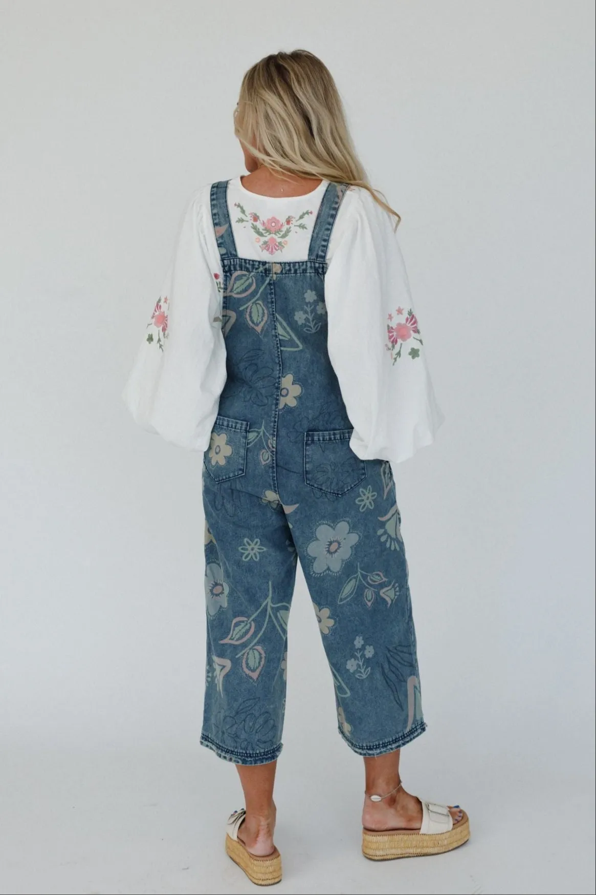 High Hopes Slouchy Pocket Denim Overalls - Blue Artsy Floral sold by Three Bird Nest product image thumbnail 4