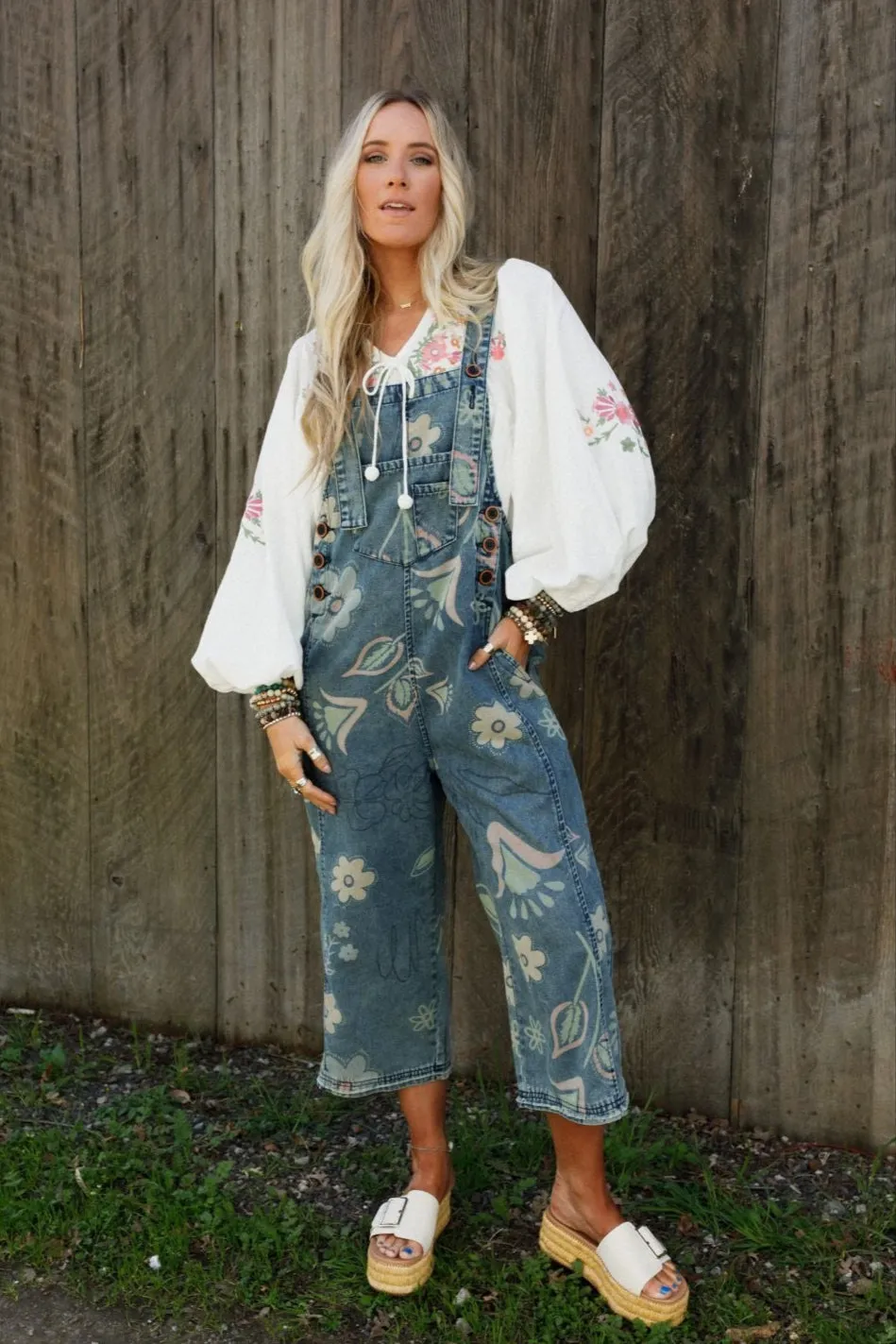 High Hopes Slouchy Pocket Denim Overalls - Blue Artsy Floral sold by Three Bird Nest product image thumbnail 5