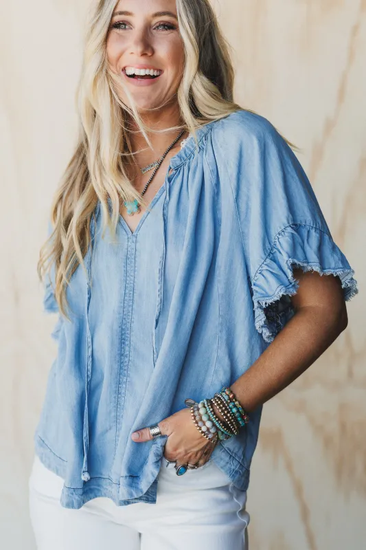 Hearts Aligned Ruffled Sleeve Top - Light Denim sold by Three Bird Nest