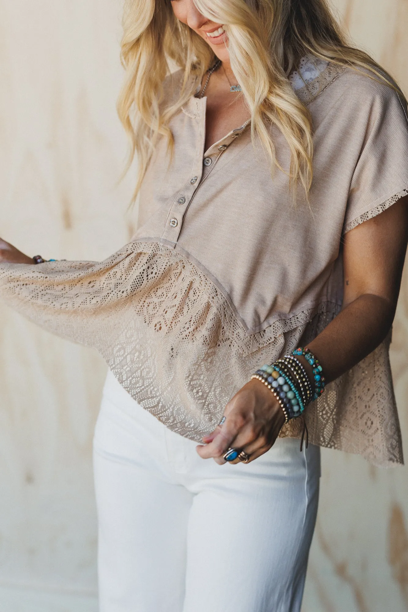 Callie Short Sleeve Tee - Beige sold by Three Bird Nest