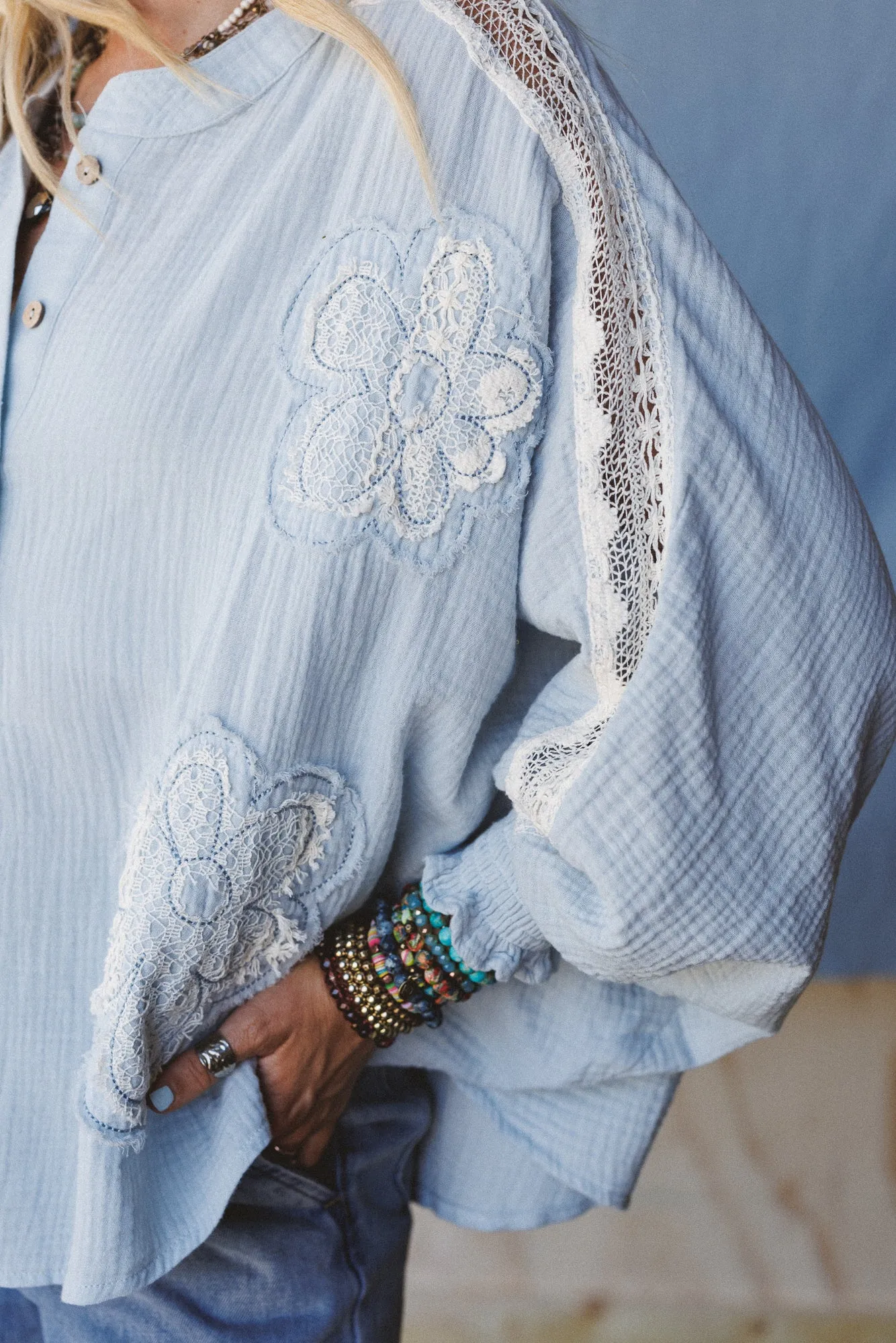 Soul Stir Crochet Trim Top - Blue sold by Three Bird Nest product image thumbnail 2