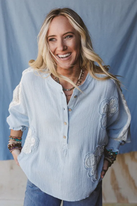 Soul Stir Crochet Trim Top - Blue sold by Three Bird Nest