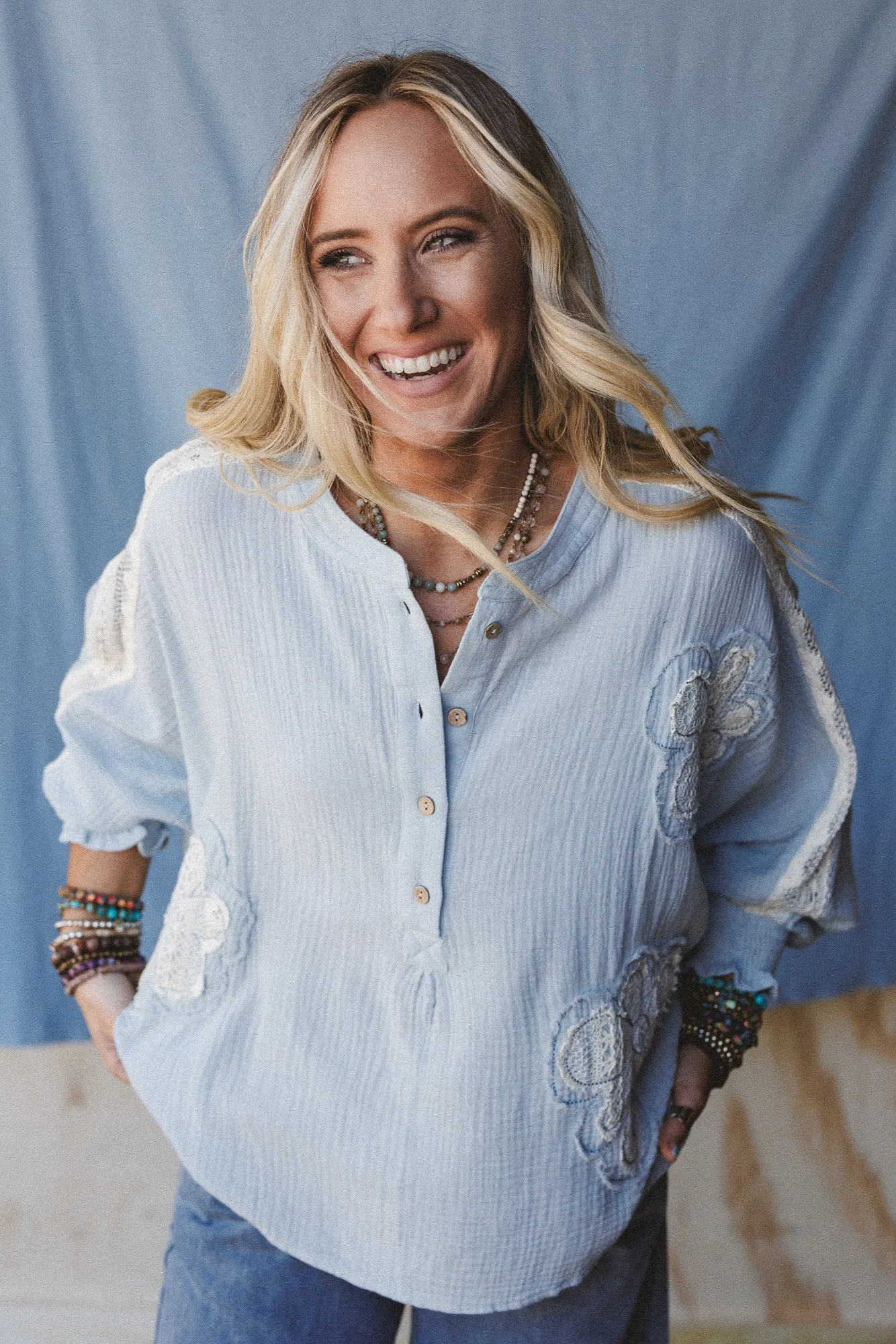 Soul Stir Crochet Trim Top - Blue sold by Three Bird Nest