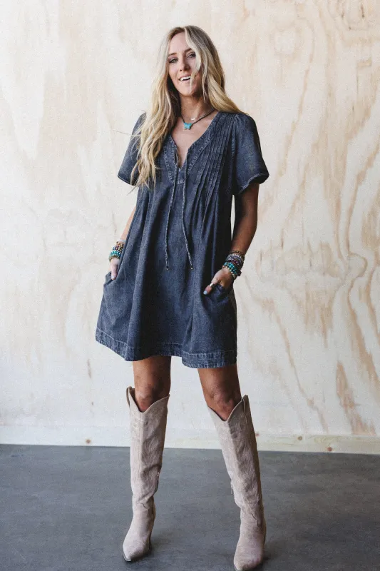 Getaway Pleated Denim Dress - Black sold by Three Bird Nest