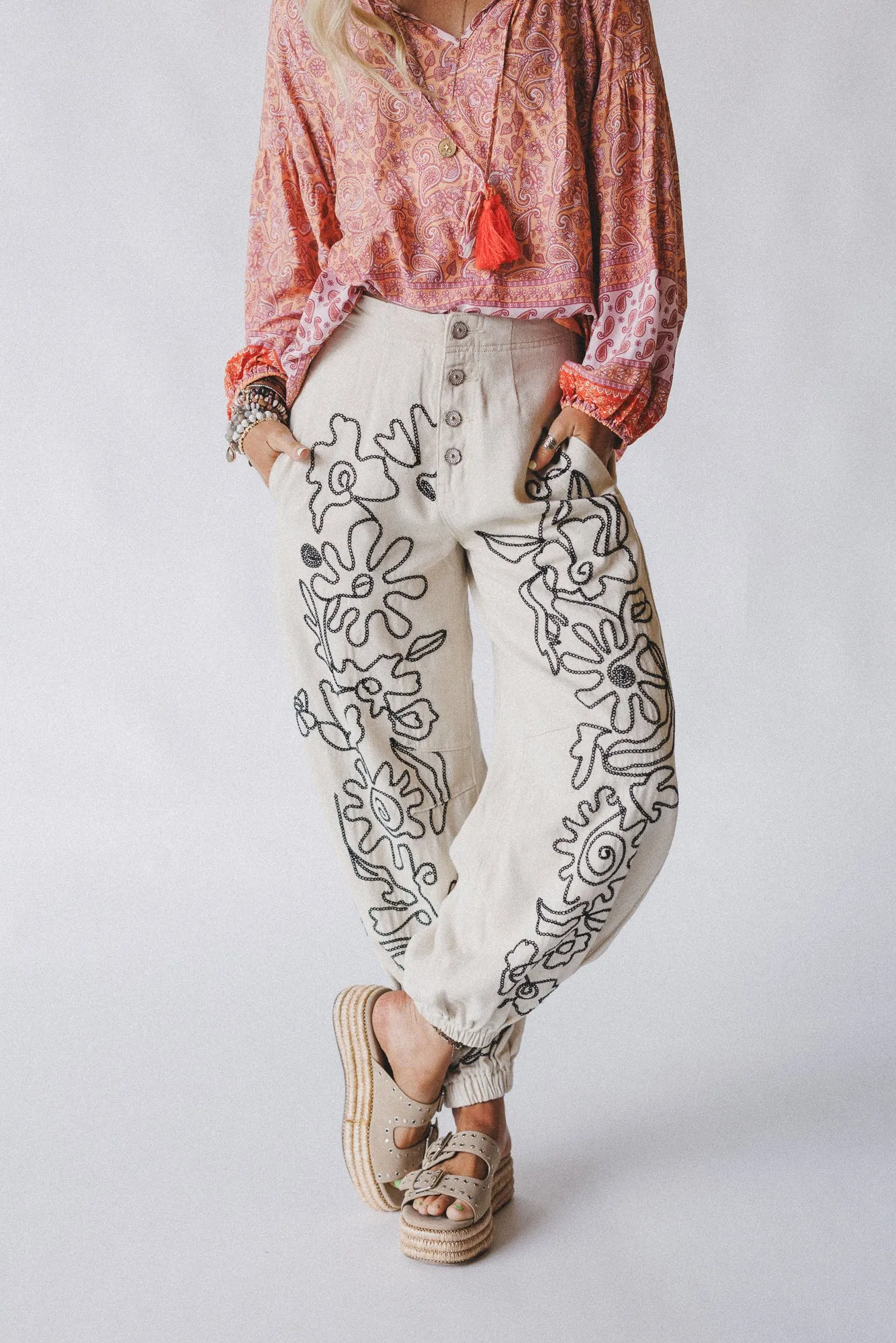 Sweet On You Embroidered Pants - Oat sold by Three Bird Nest product image thumbnail 2
