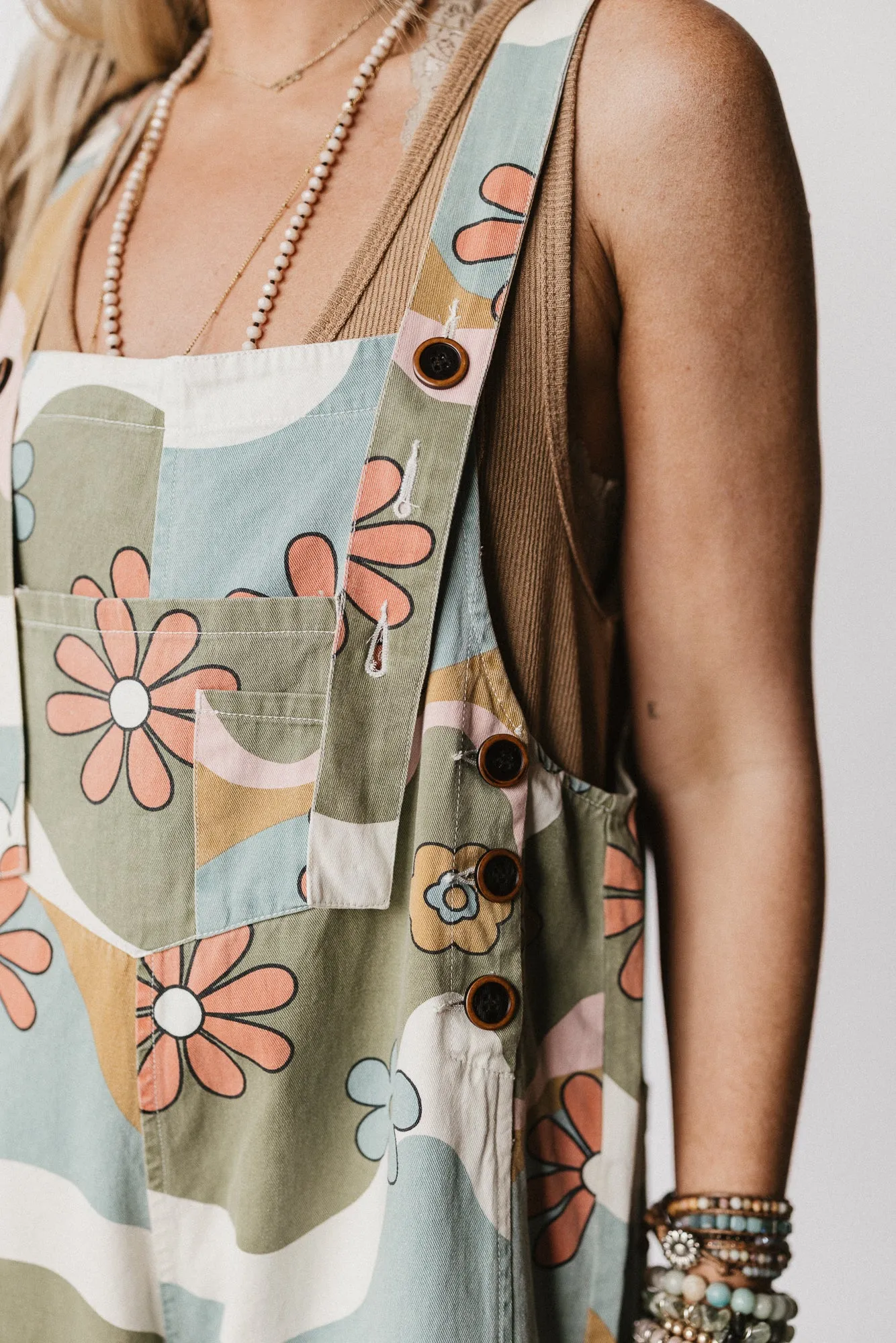 High Hopes Slouchy Denim Overalls - Olive Flower sold by Three Bird Nest product image thumbnail 4