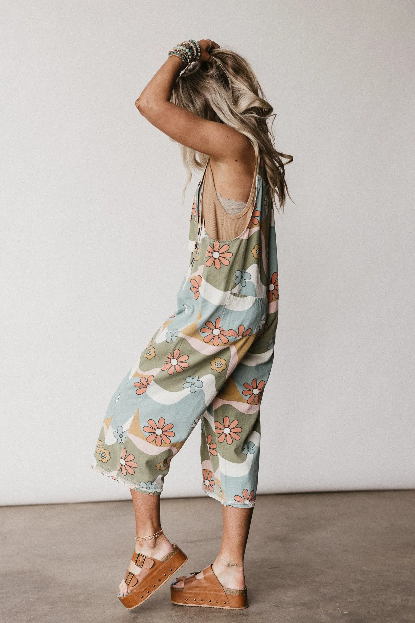 High Hopes Slouchy Denim Overalls - Olive Flower sold by Three Bird Nest product image thumbnail 5