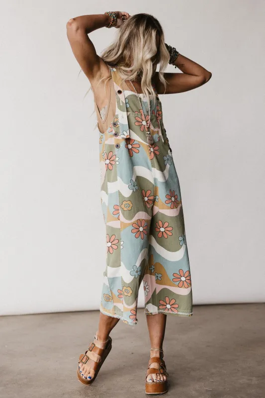 High Hopes Slouchy Denim Overalls - Olive Flower sold by Three Bird Nest