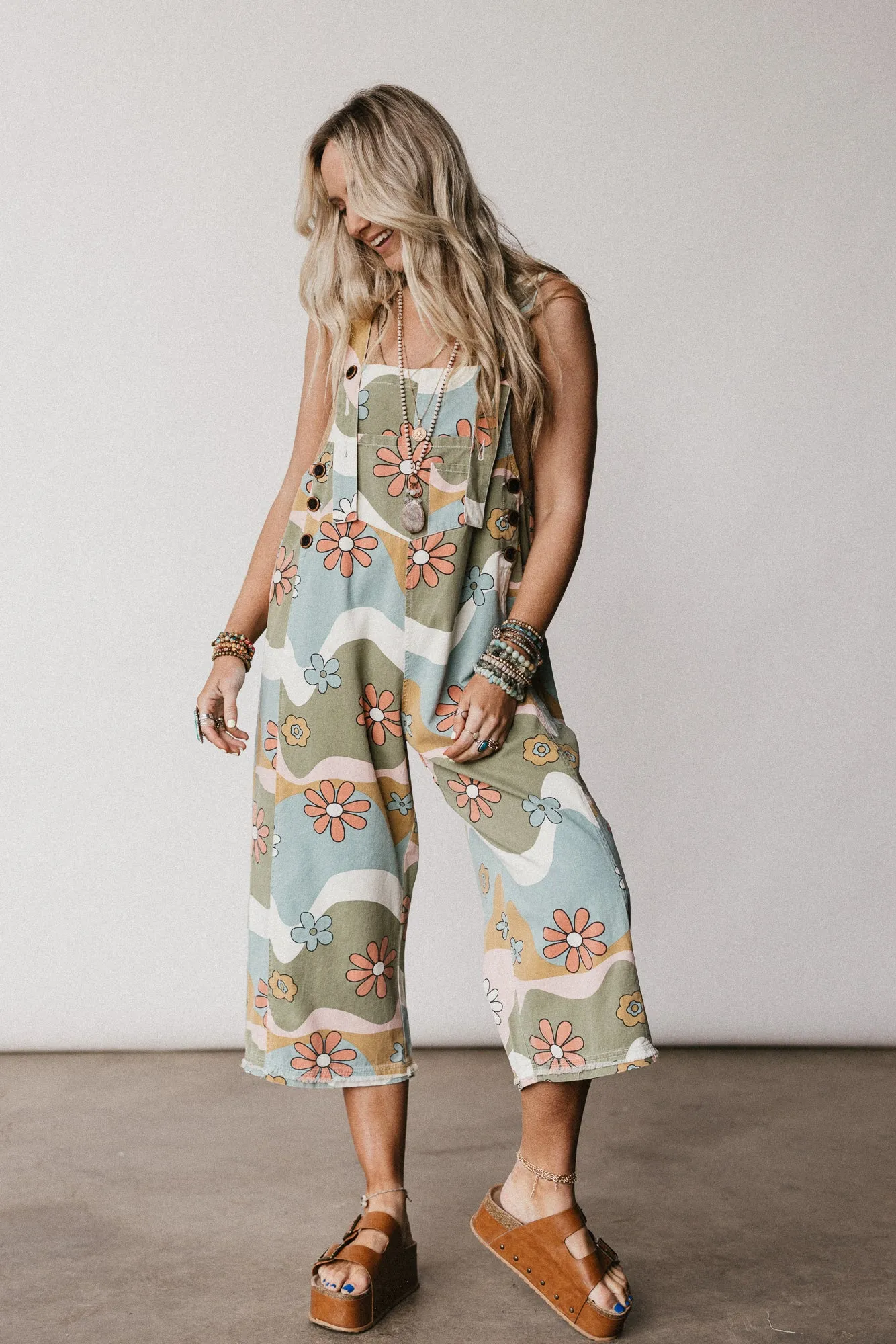 High Hopes Slouchy Denim Overalls - Olive Flower sold by Three Bird Nest product image thumbnail 3