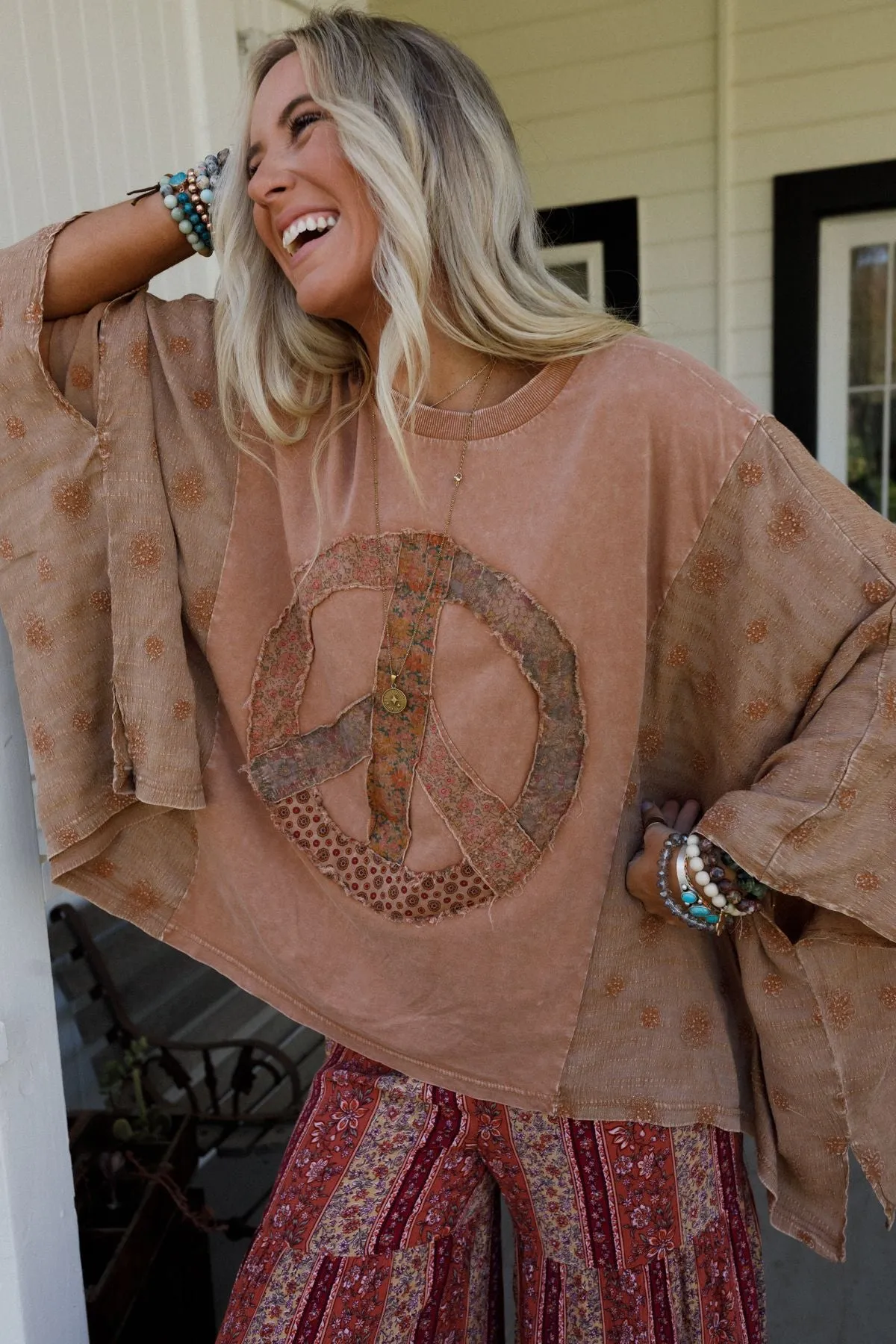 Peace Path Embroidered Top - Mocha sold by Three Bird Nest product image thumbnail 2