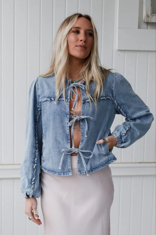 Adrian Tie Front Denim Jacket - Light Denim sold by Three Bird Nest