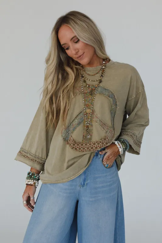 Josephine Peace Patchwork Top - Olive sold by Three Bird Nest