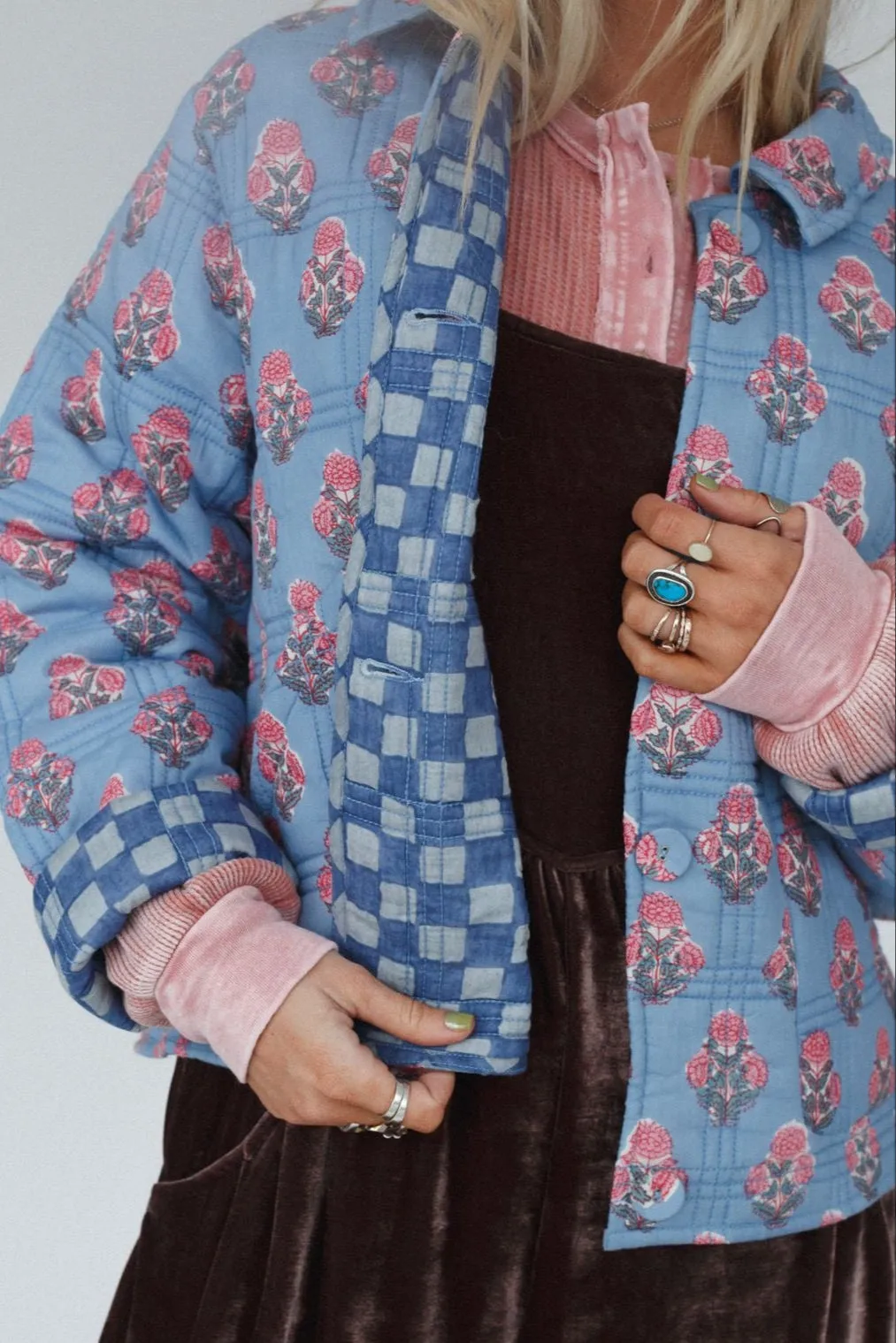 Endless Path Floral Checkered Jacket - Blue sold by Three Bird Nest product image thumbnail 2
