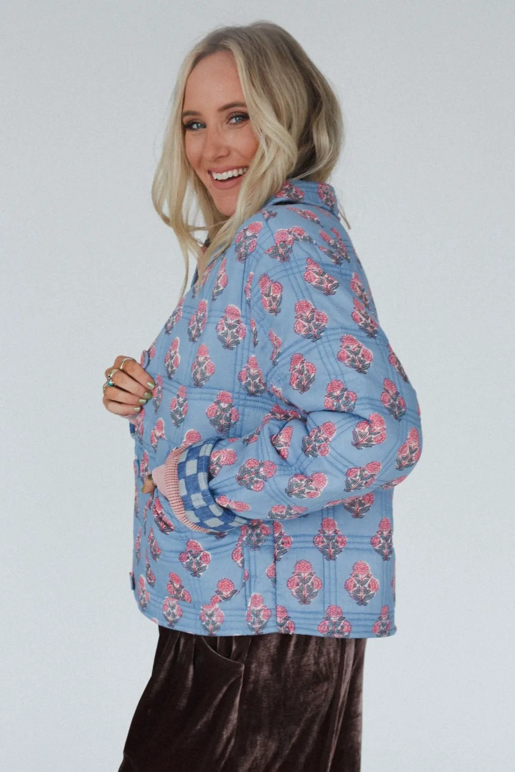 Endless Path Floral Checkered Jacket - Blue sold by Three Bird Nest product image thumbnail 3