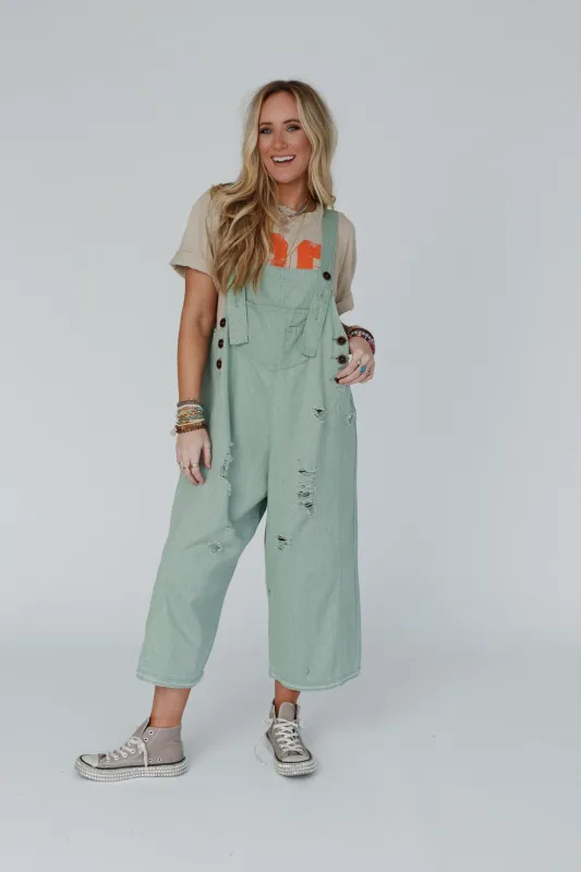 High Hopes Slouchy Denim Overalls - Sage sold by Three Bird Nest