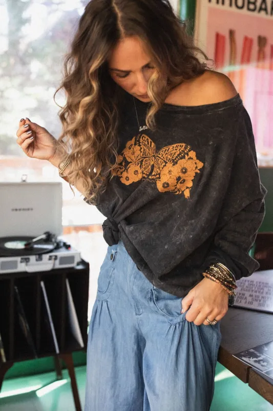 Like A Butterfly Graphic Top - Charcoal sold by Three Bird Nest