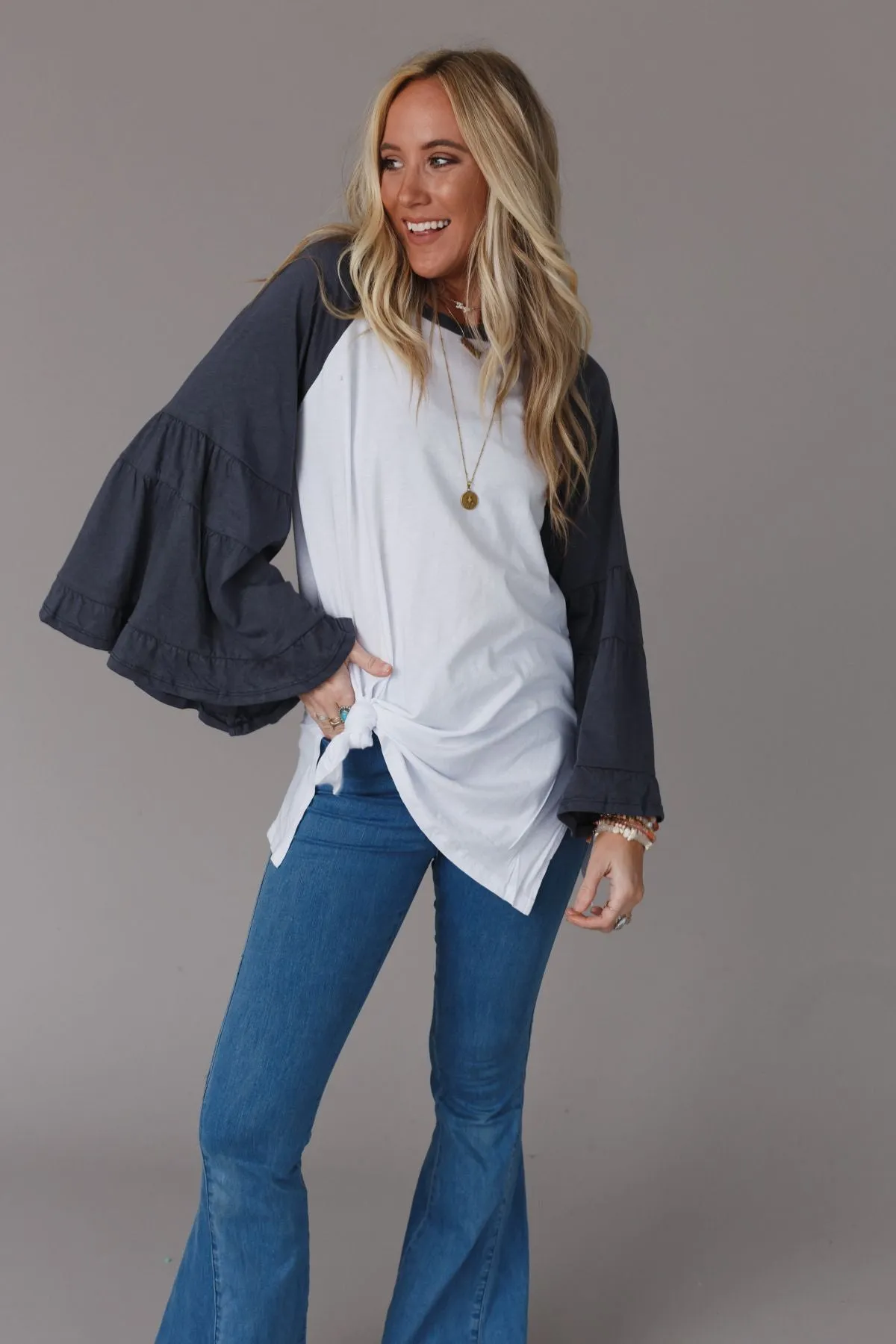 Bell Sleeve Baseball Tee - Charcoal sold by Three Bird Nest